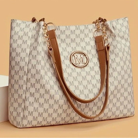 NWT Elegant White and Gray Tote Bag With Brown Double Straps 16x11 - Picture 2 of 7